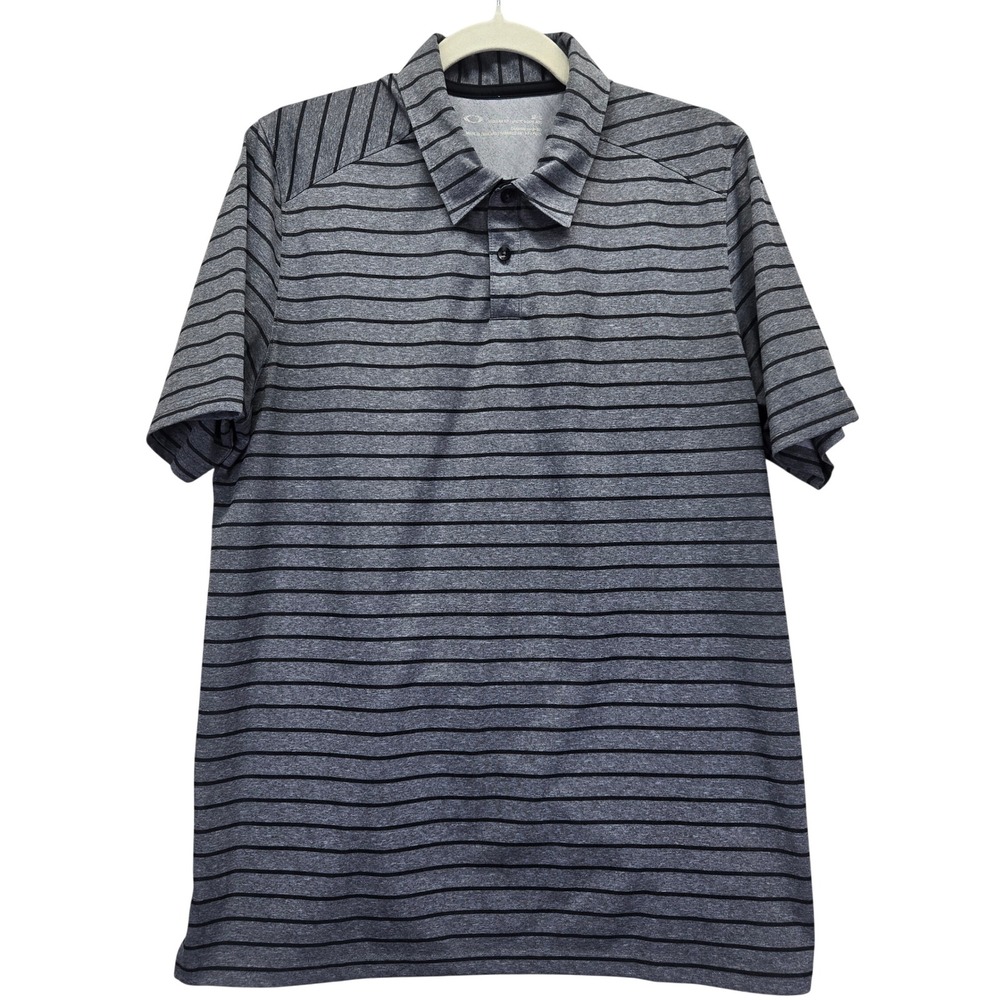 Oakley Mens Golf Polo Shirt Medium Gray Black Striped Short Sleeve Regular Fit‎